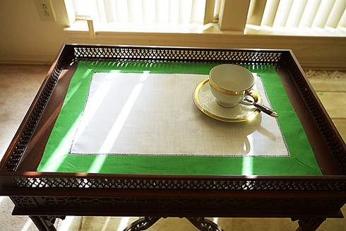White Hemstitch Placemat 14"x20". Kelly Green Color Borders.